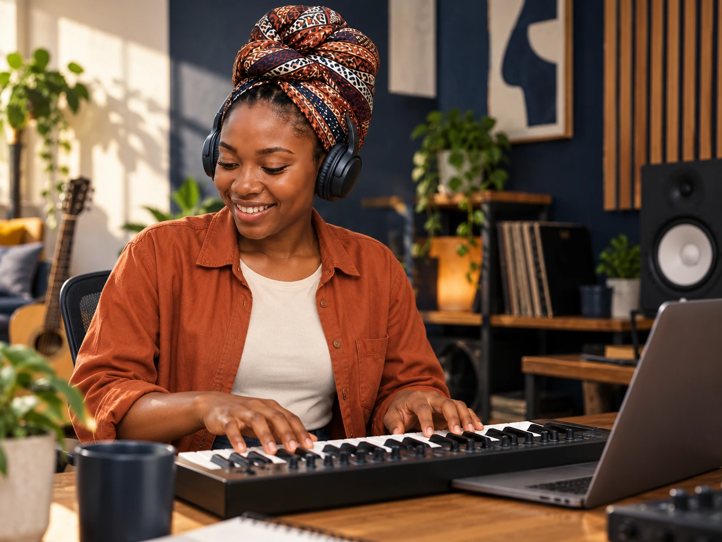 Pezani brand illustration of a woman making music in a welcoming creative workspace
