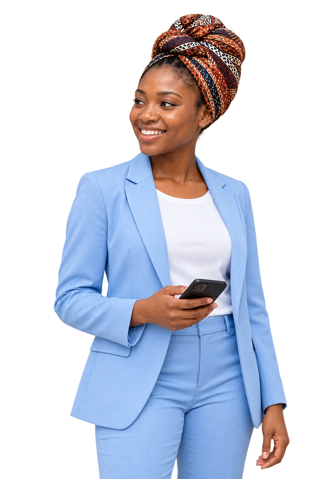 Pezani brand illustration of a smiling woman in a patterned headwrap, holding her phone