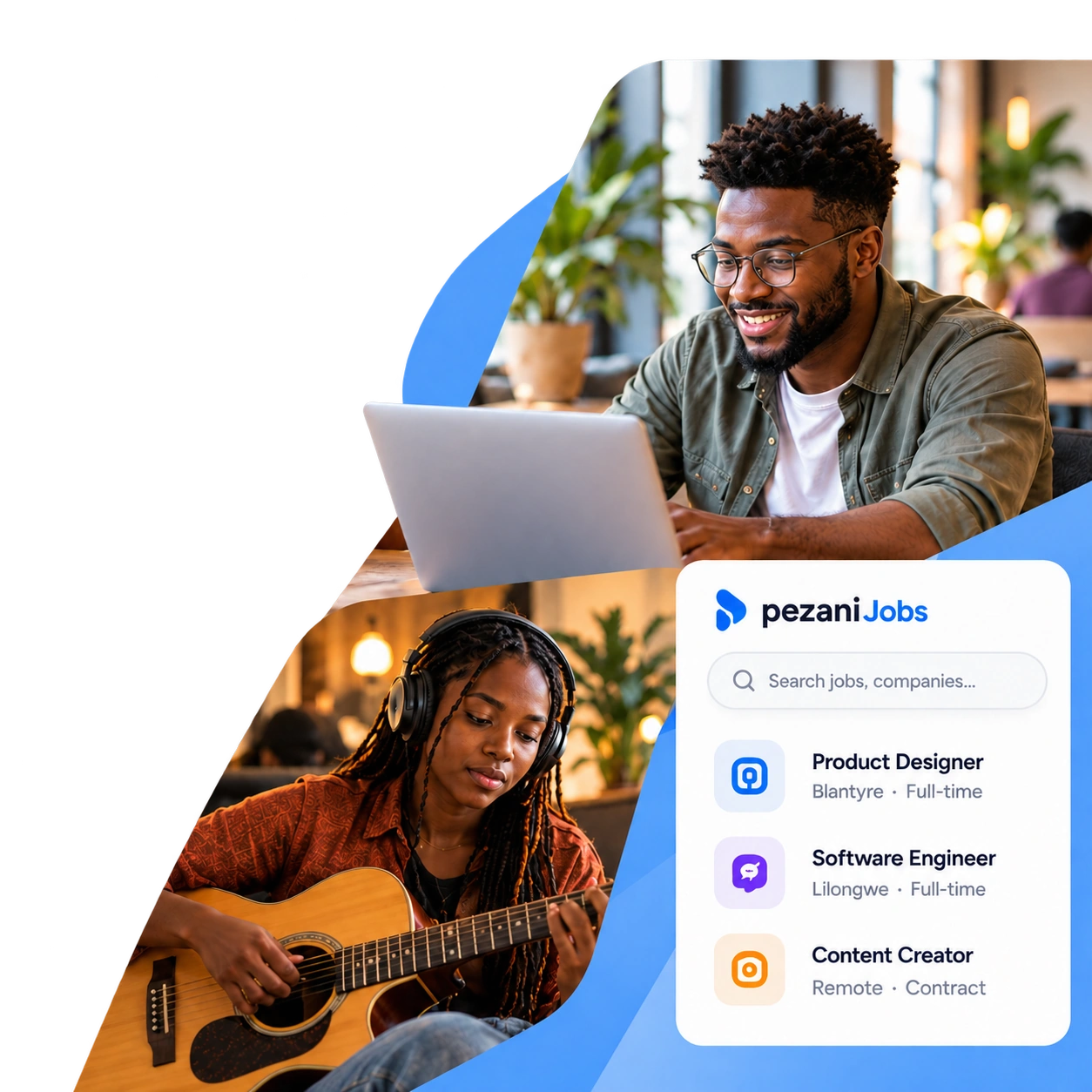 A man working at his laptop and a woman making music, alongside the Pezani Jobs directory