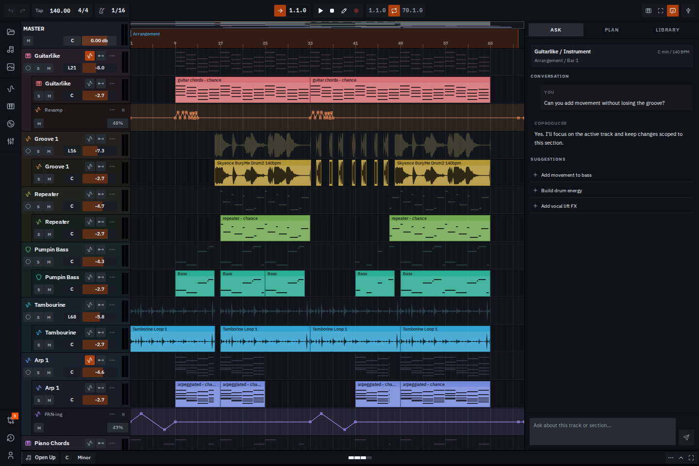 Pezani Studio browser music workspace with arrangement timeline and track controls
